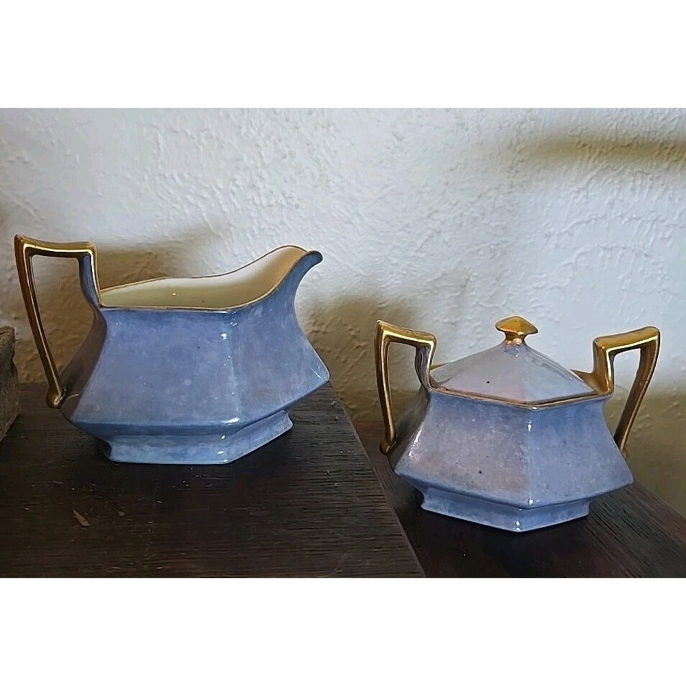 Vintage TK Czecho-Slovakia Art Deco Luster Ware sugar bowl creamer gold blue